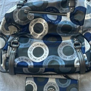Coach Blue and Gray Circle Pattern Bag and Wallet Set